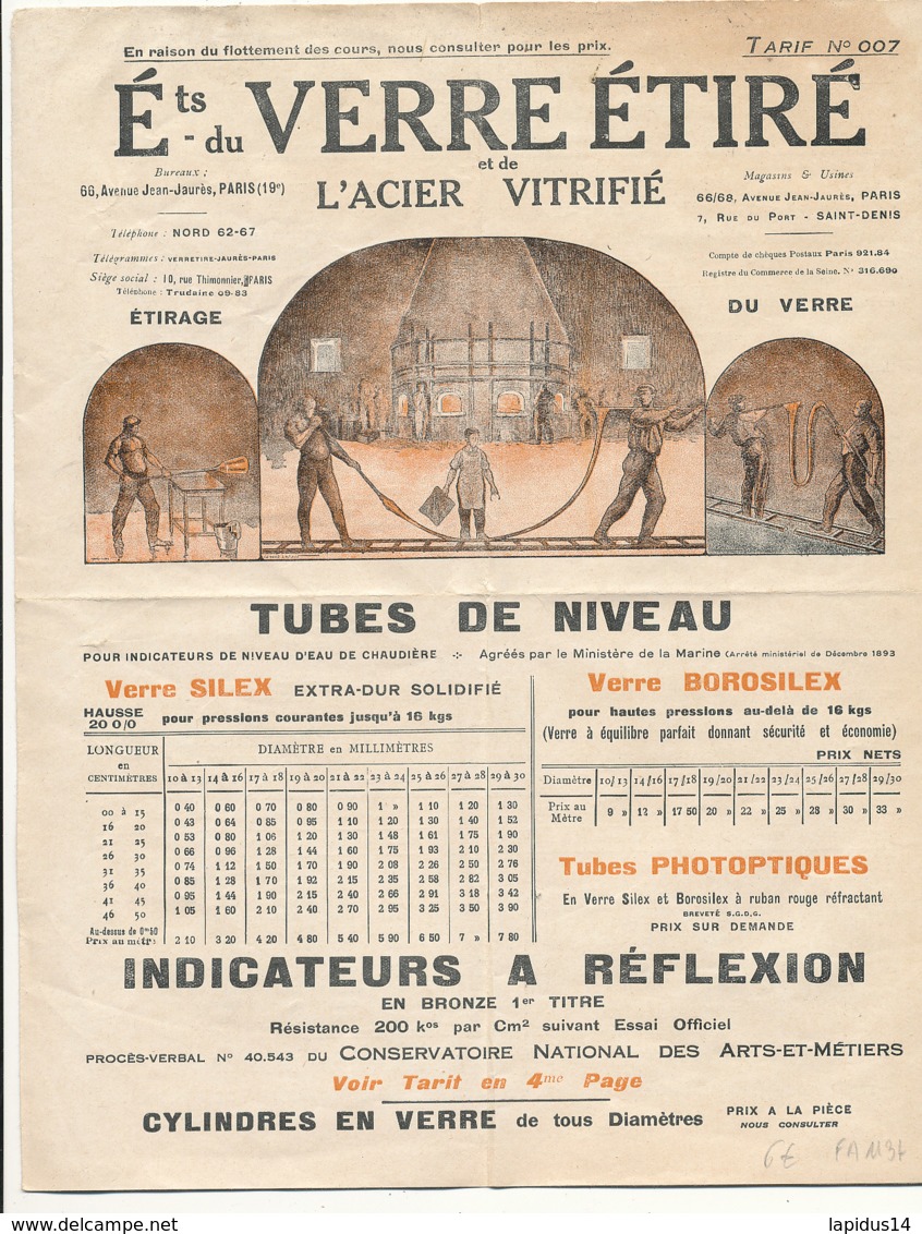 FA 1134 / FACTURE    PUB TARIF  ETS DU VERRE ETIRE  ET DE L'ACIER VITRIFIE  PARIS 19° - Other & Unclassified