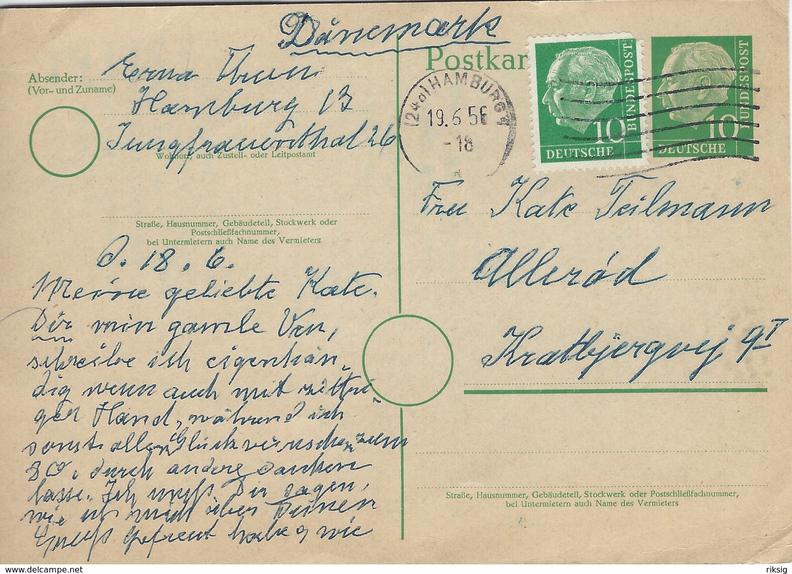 Germany . Uprated Stationery.  Sent  To Denmark 1956  H-1599 - Postcards - Used