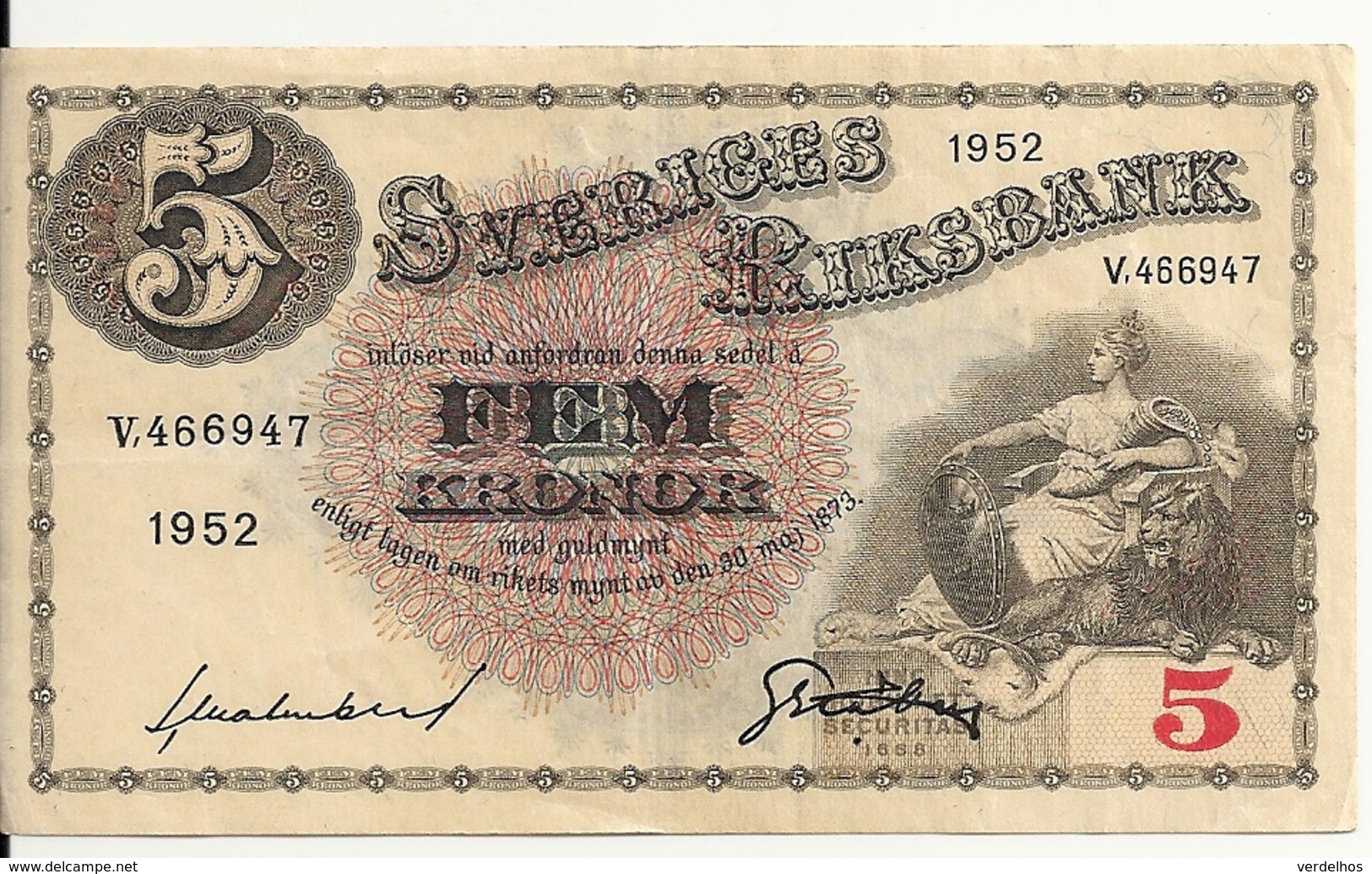 SUEDE 5 KRONOR 1952 VF P 33 Ai - Suède