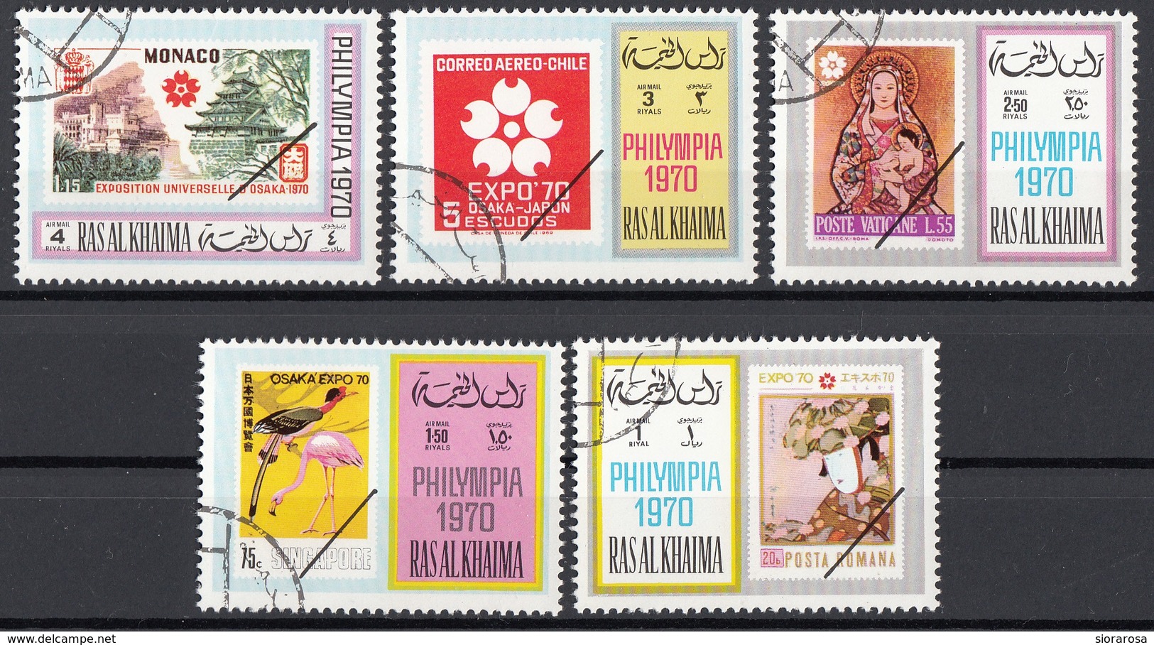 Ras Al Khaima 1970 Philympia Full Set CTO Cile Monaco Singapore Romania Vaticano Francobolli Su Francobolli - Ra's Al-Chaima