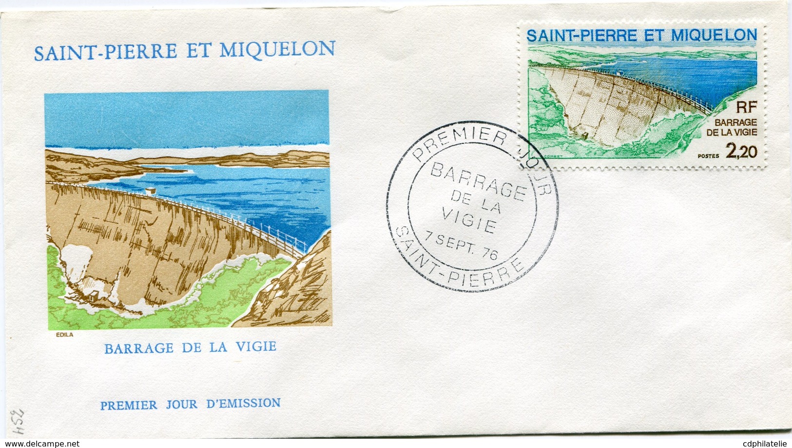 SAINT PIERRE ET MIQUELON ENVELOPPE 1er JOUR DU N°452 BARRAGE DE LA VIGIE OBLITERATION SAINT-PIERRE 7 SEPT 76 - FDC