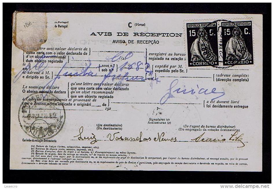 Portugal  GUIÃES RARE AVISO DE RECEPÇÃO Stamped ( Ceres 15c.x2 Black ) Mod.nº95 VILA REAL 1929 SERVICE DES POSTES Gc1432 - Autres & Non Classés