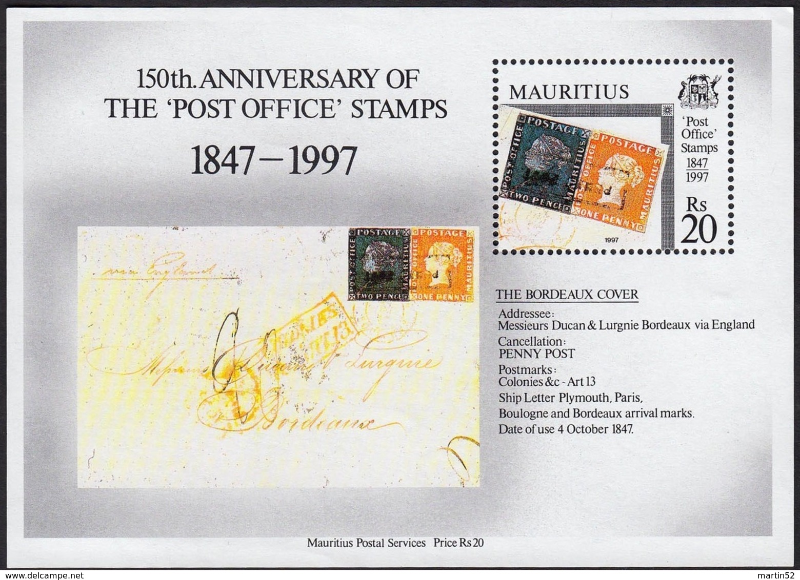 Mauritius 1997: 150 Years Of Stamps -  The Famous "Bordeaux-letter" Of 1847 With Both POST OFFICE Stamps (sheetlet MNH) - Timbres Sur Timbres