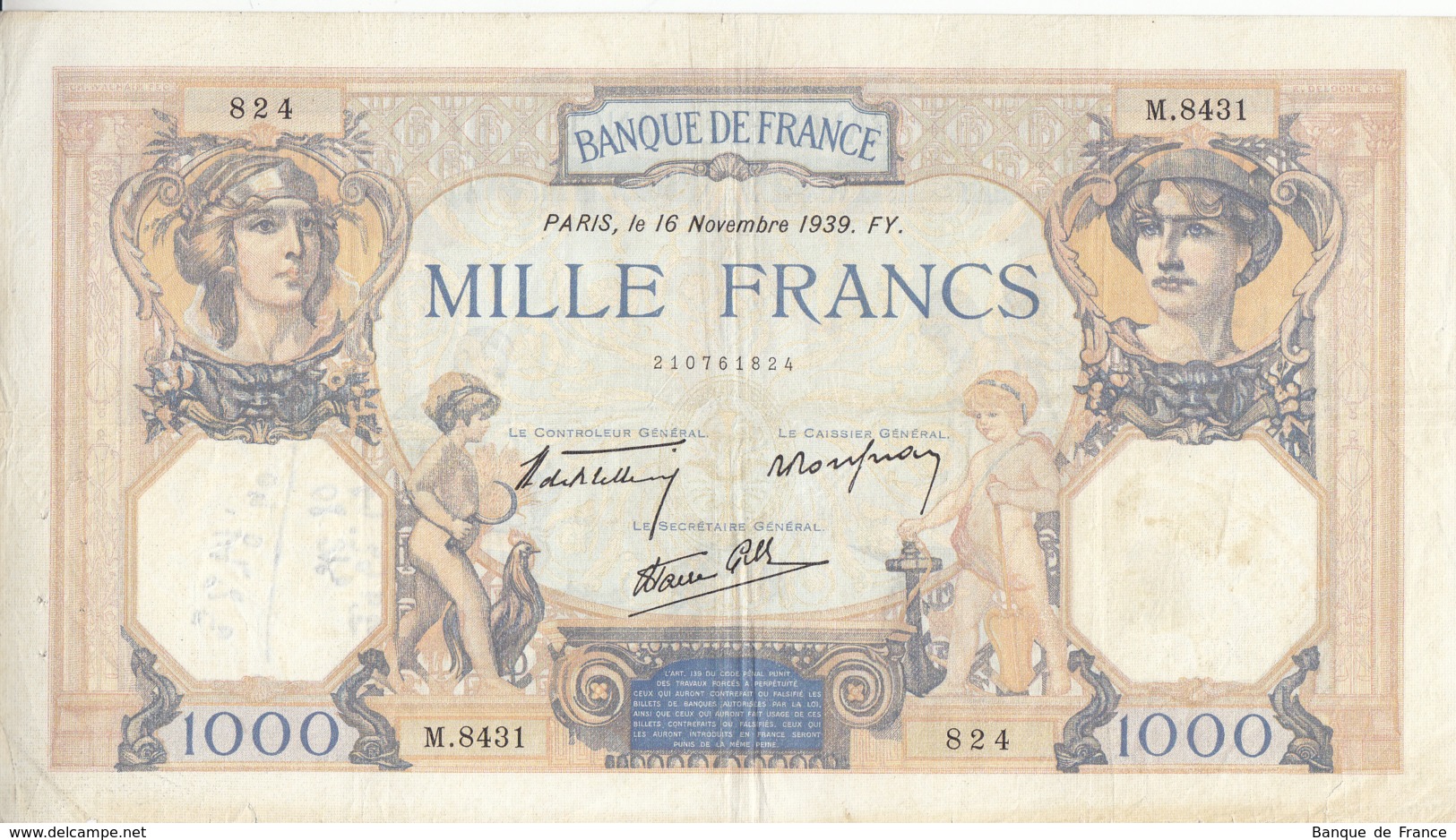 Billet 1000 F Cérès Et Mercure Du 16 Novembre 1939 FAY 38.39 Alph. M.8431 - 1 000 F 1927-1940 ''Cérès Et Mercure''