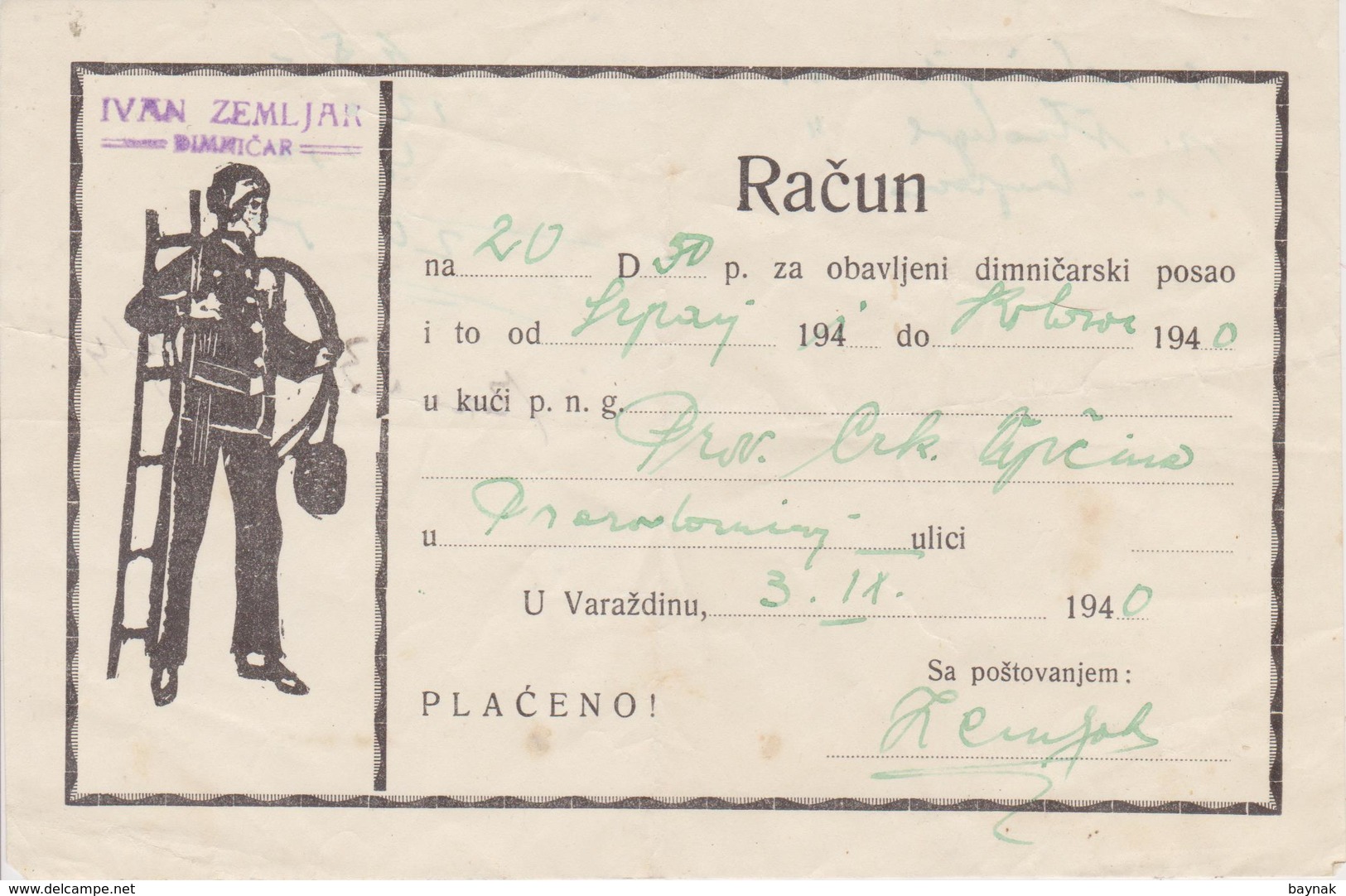 CROATIA  --  VARAZDIN  --  FACTURE, INVOICE  ~  1940 -  IVAN ZEMLJAK,  DIMNJACAR, MONEUR, CHIMNEY SWEEP - Sonstige & Ohne Zuordnung