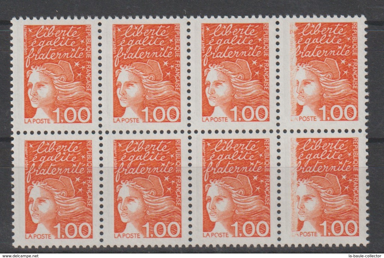 YT 3089 ** 1,00F Orange Marianne De Luquet, Bloc De 8 TP Avec Défaut D'impression Sur 2 Ex, SUP - Neufs