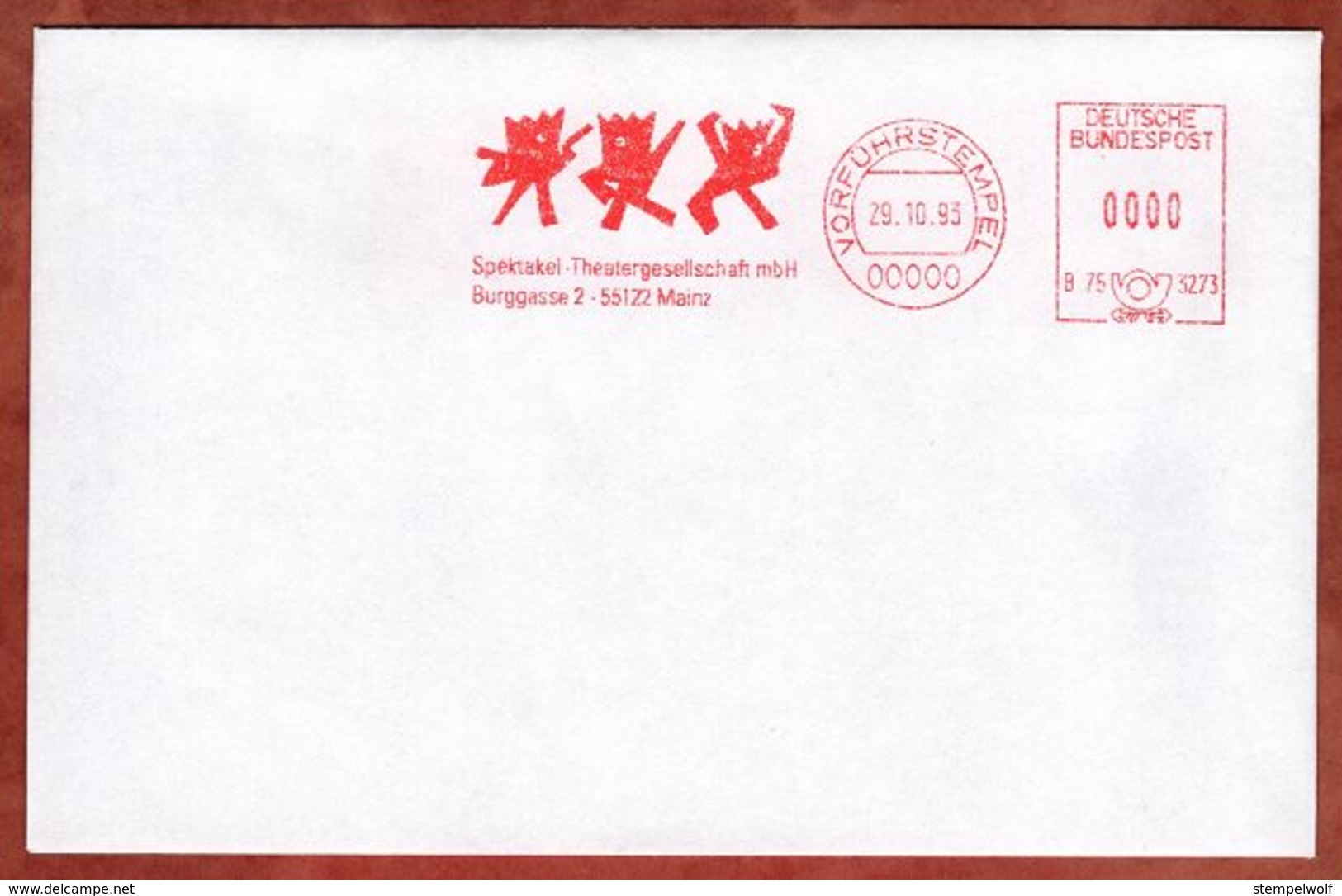 Umschlag, Vorfuehrstempel, Francotyp-Postalia B75-3273, Spektakel Theatergesellschaft Mainz, 1993 (71456) - Maschinenstempel (EMA)