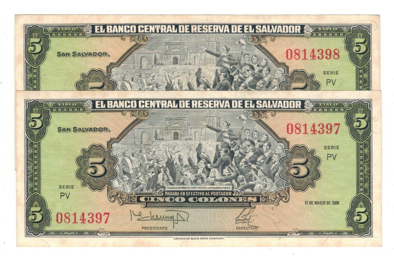 El Salvador 5 Colones 1988, X 2 Consec. AUNC. - El Salvador