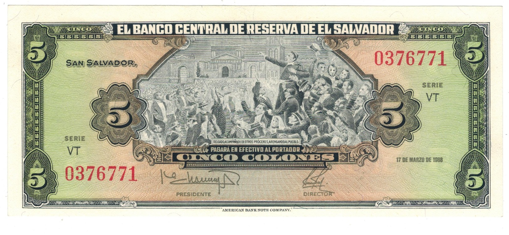 El Salvador 5 Colones 1988, UNC. - El Salvador