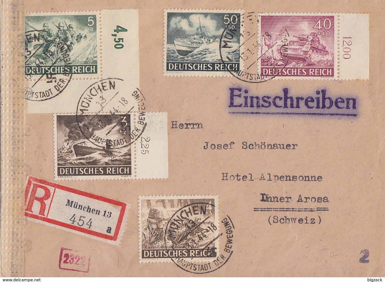 DR R-Brief Mif Minr.831,832,833 OER,841,842 München 13.1.44 Gel. In Schweiz Zensur - Briefe U. Dokumente