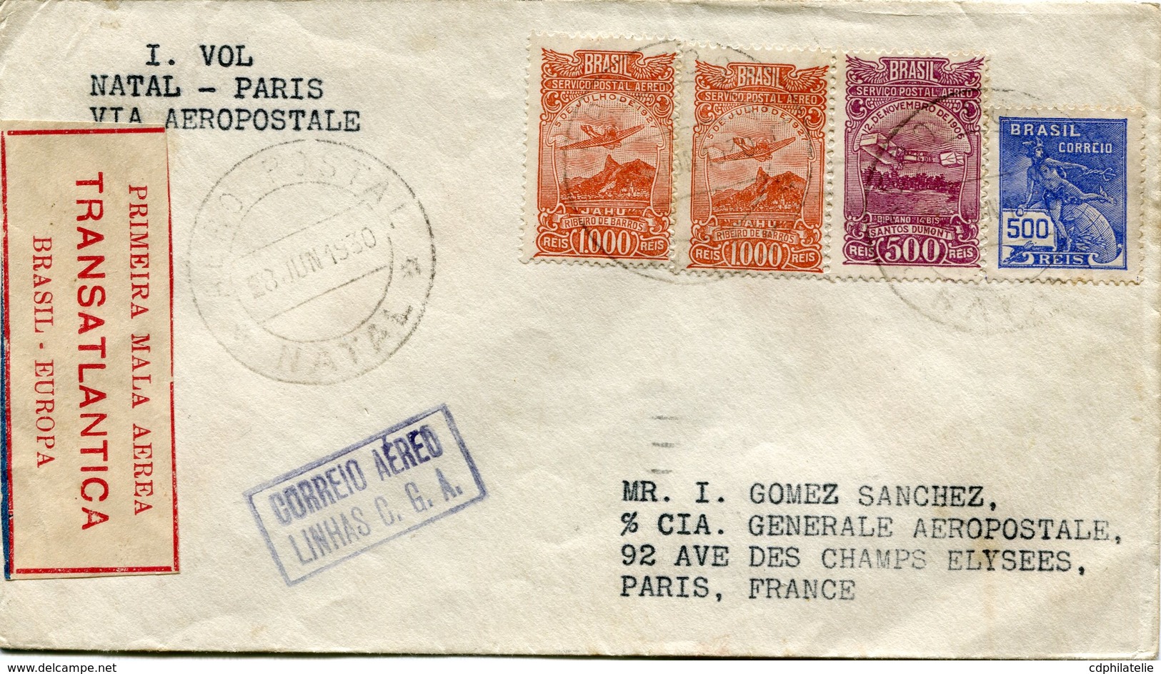 BRESIL LIGNE MERMOZ LETTRE " PRIMEIRA MALA AEREA TRANSATLANTICA BRASIL-EUROPA "  DEPART NATAL 8 JUIN 1930 POUR LA FRANCE - Airmail