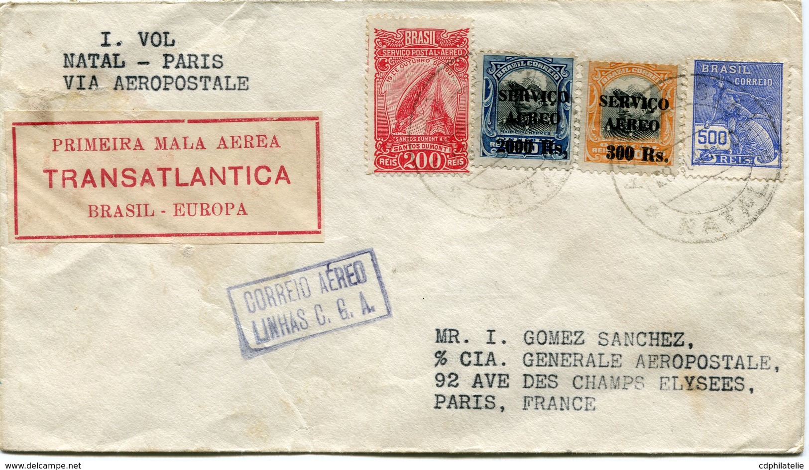BRESIL LIGNE MERMOZ LETTRE " PRIMEIRA MALA AEREA TRANSATLANTICA BRASIL-EUROPA "  DEPART NATAL 8 JUIN 1930 POUR LA FRANCE - Poste Aérienne