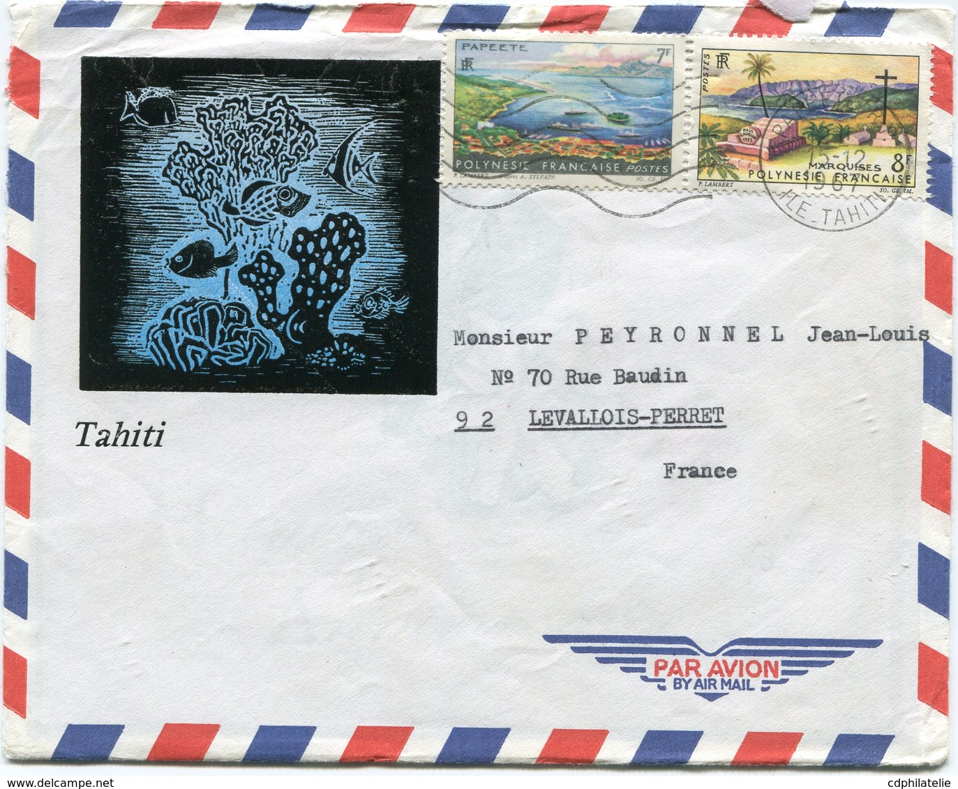 POLYNESIE LETTRE PAR AVION DEPART PAPEETE 15-12-1967 ILE TAHITI POUR LA FRANCE - Storia Postale