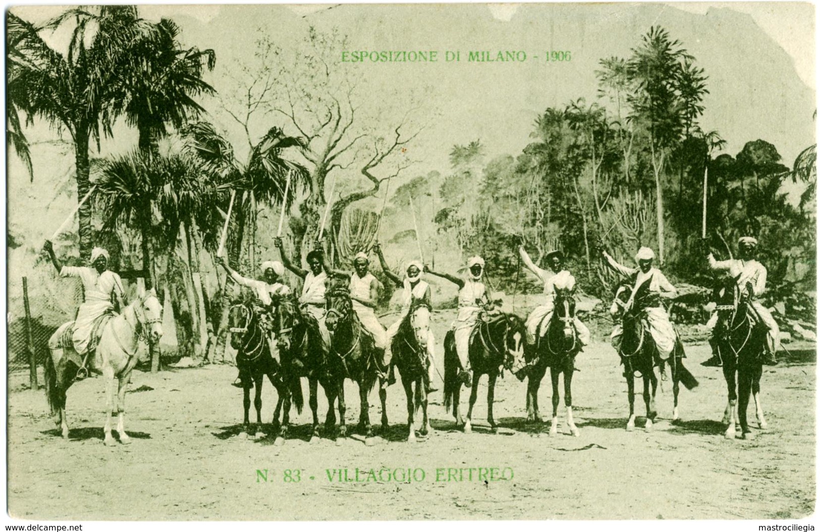 ESPOSIZIONE DI MILANO 1906  Villaggio Eritreo N° 83  Cartolina Ufficiale Guerrieri A Cavallo Con Spade - Esposizioni