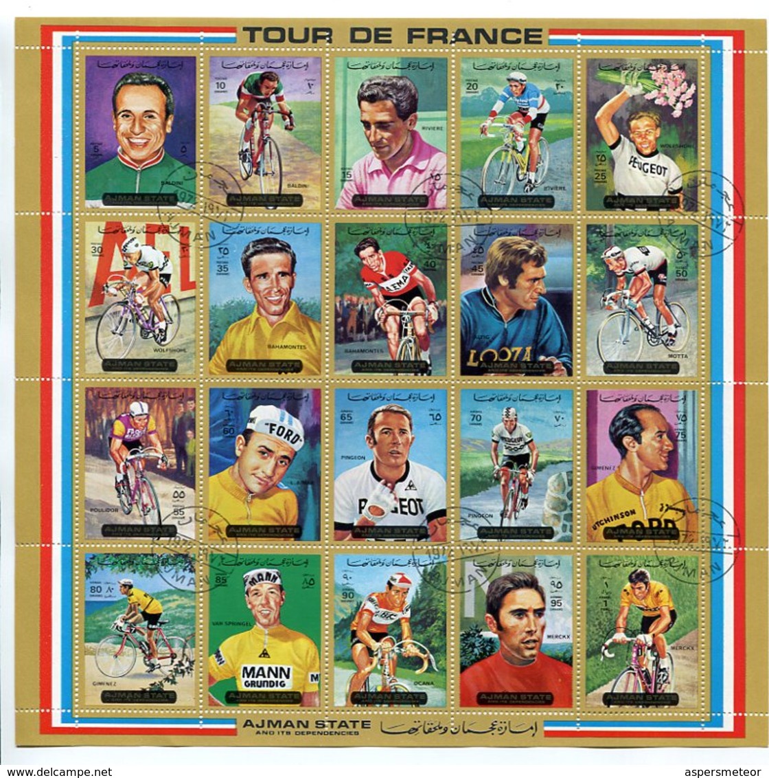 TOUR DE FRANCE CICLISMOS CYCLING CYCLISME. AJMAN YEAR 1972 MICHEL 1351 - 1370 OBLITERES COMPLETE SERIES FEUILLET -LILHU - Adschman