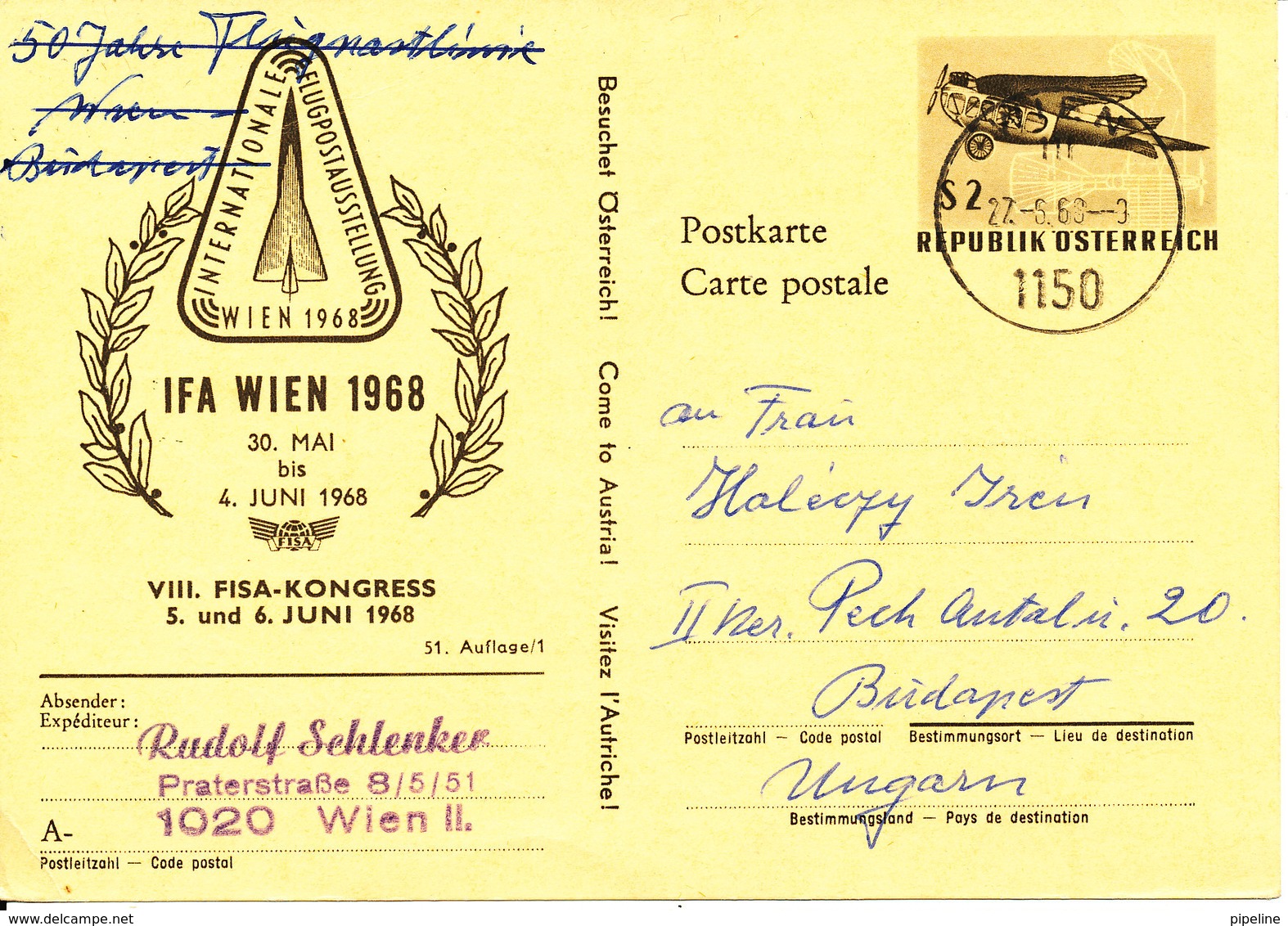 Austria Postal Stationery IFA Wien 30-4/4-6-1968 International Airmail Exhibition - Other & Unclassified