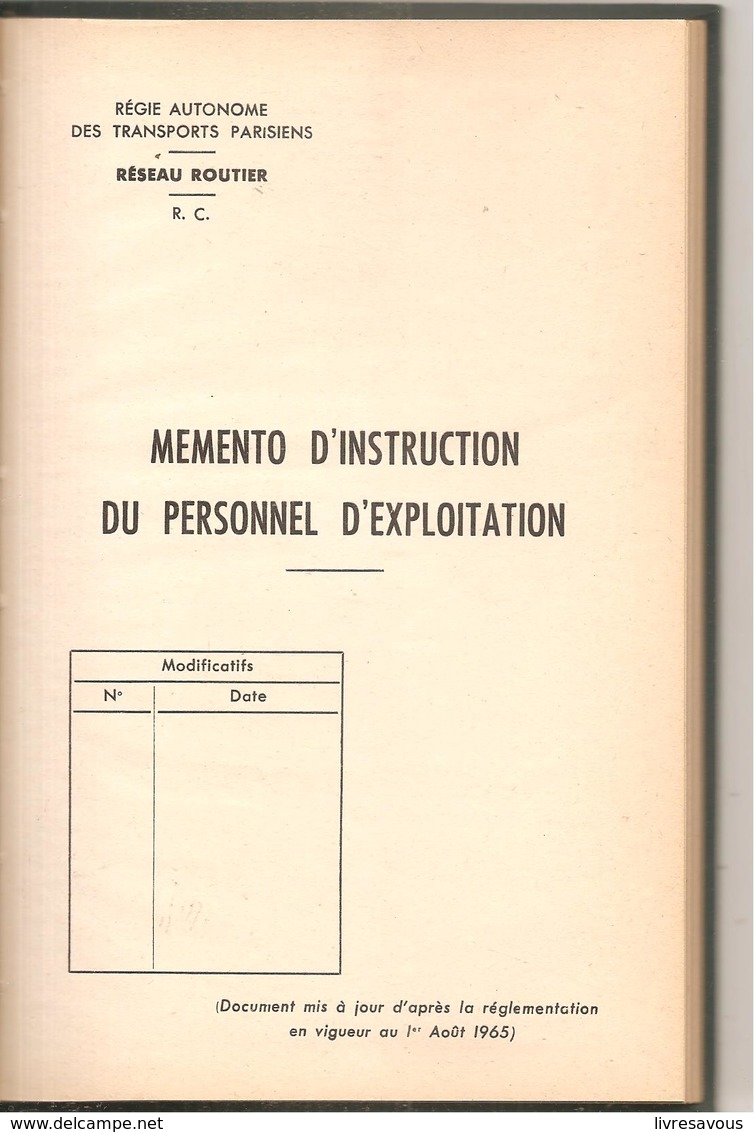 R.A.T.P. MEMENTO D'INSTRUCTION DU PERSONNEL D'EXPLOITATION Edition De 1965 - Autres & Non Classés