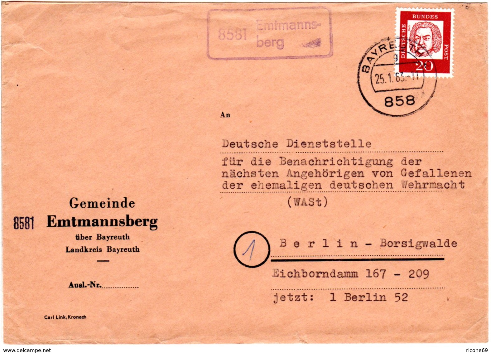 BRD 1963, Landpost Stpl. 8581 EMTMANNSBERG Auf Brief M. 20 Pf. V. Bayreuth - Autres & Non Classés