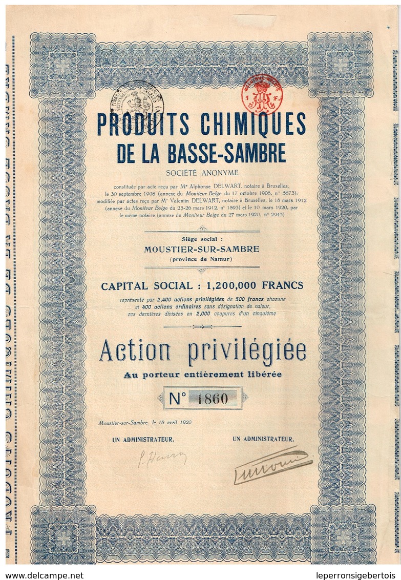 Ancien Titre - Produits Chimiques De La Basse-Sambre - Titre De 1920 - Industry