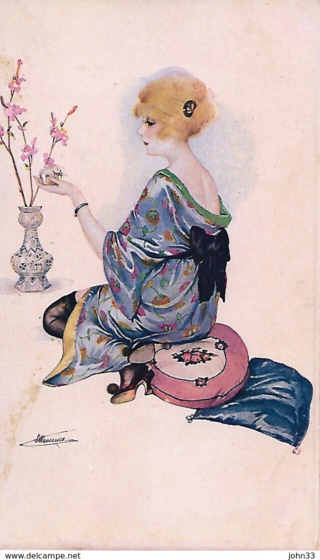 Suzanne Meunier  -  Young Parisian Lady Seated On A Cushion Is Touching Decorative Twigs In A Vase (TRIMMED) - Meunier, S.