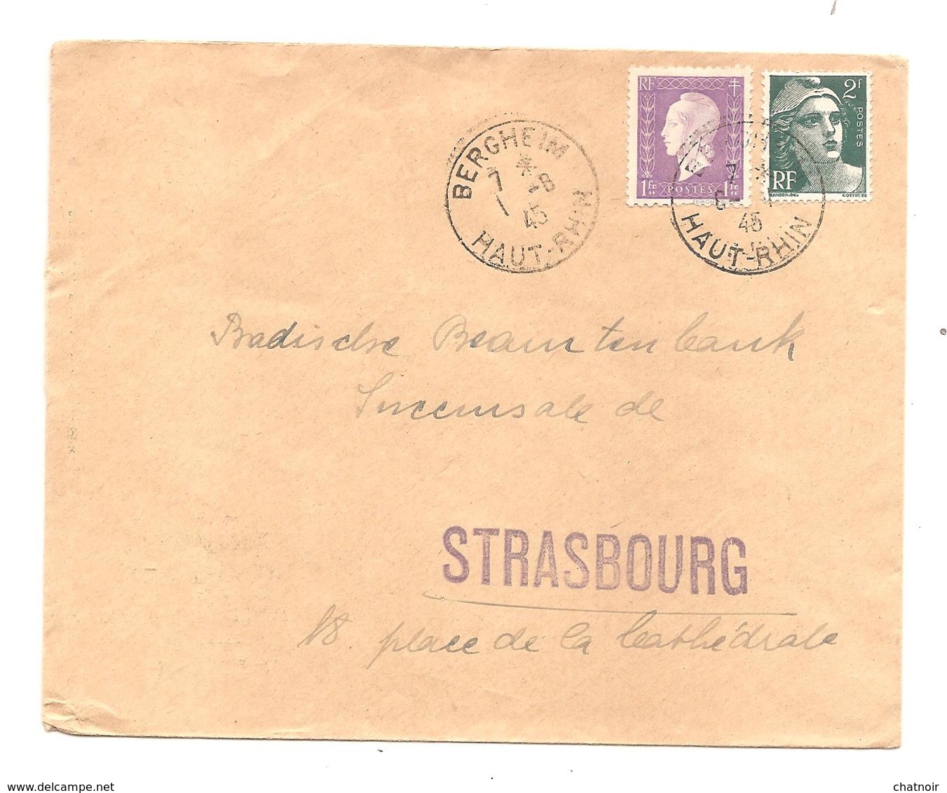 Enveloppe (retournée) De BERGHEIM  Haut Rhin  1945 /1 Fr Dulac Et 2 F  Gandon - Autres & Non Classés