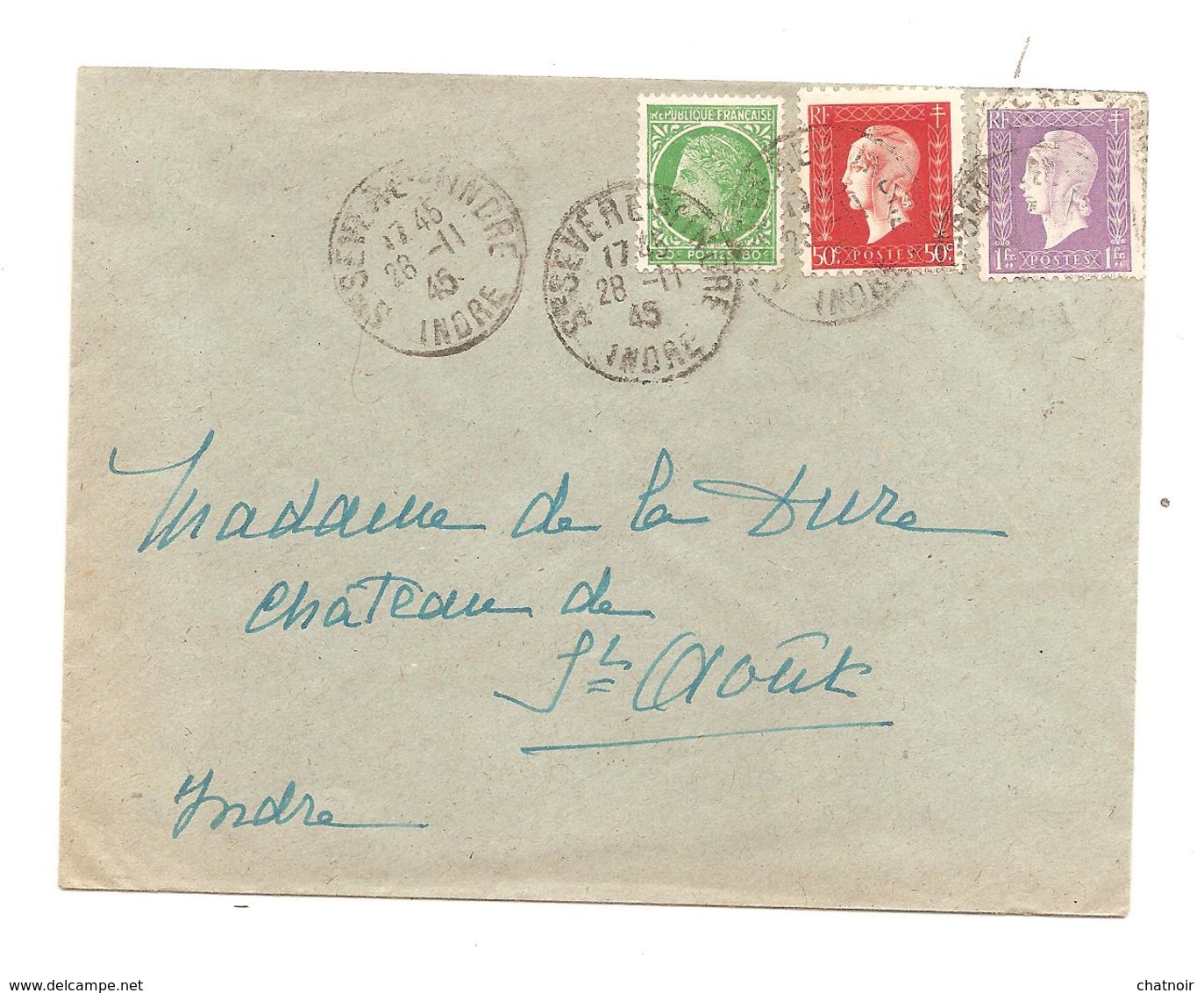 Enveloppe  De ST SEVERE  INDRE 1945 /80C MAZELIN  50C ET 1 FR DULAC - Sonstige & Ohne Zuordnung