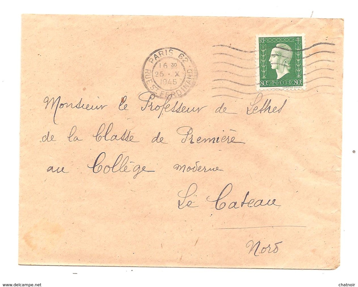 Enveloppe De PARIS 62  1945  / 80C  DULAC - Andere & Zonder Classificatie