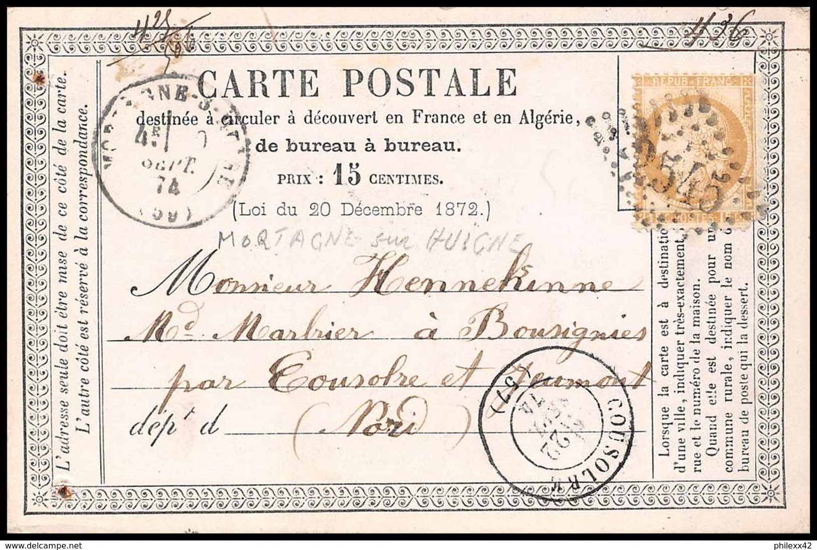8760 LAC N 55 Ceres 15c GC 2545 Mortagne-sur-Huine Orne 1874 France Precurseur Carte Postale (postcard) - Cartes Précurseurs