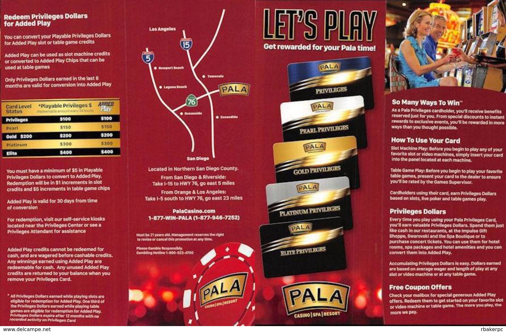 Pala Casino - Pala, CA - Multi-Page Player Rewards Brochure - Casino Cards