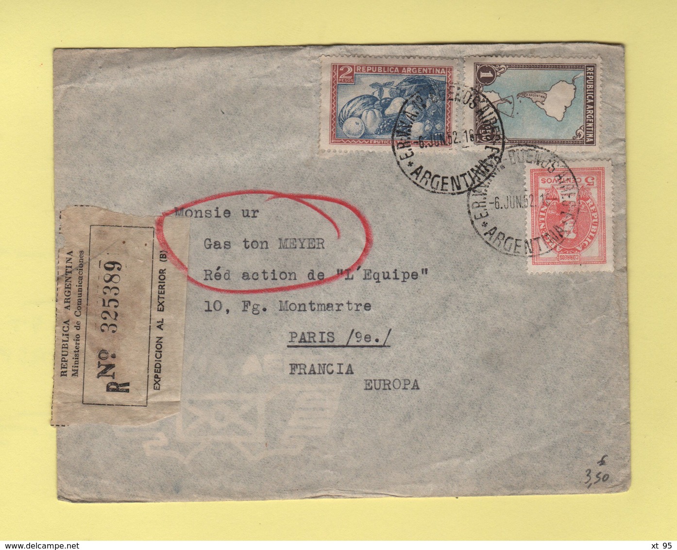 Argentine - Buenos Aeres Destination France - 6 Juin 1952 - Recommande - Poste Aérienne