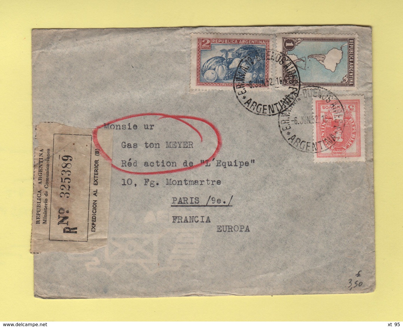 Argentine - Buenos Aeres Destination France - 6 Juin 1952 - Recommande - Luchtpost