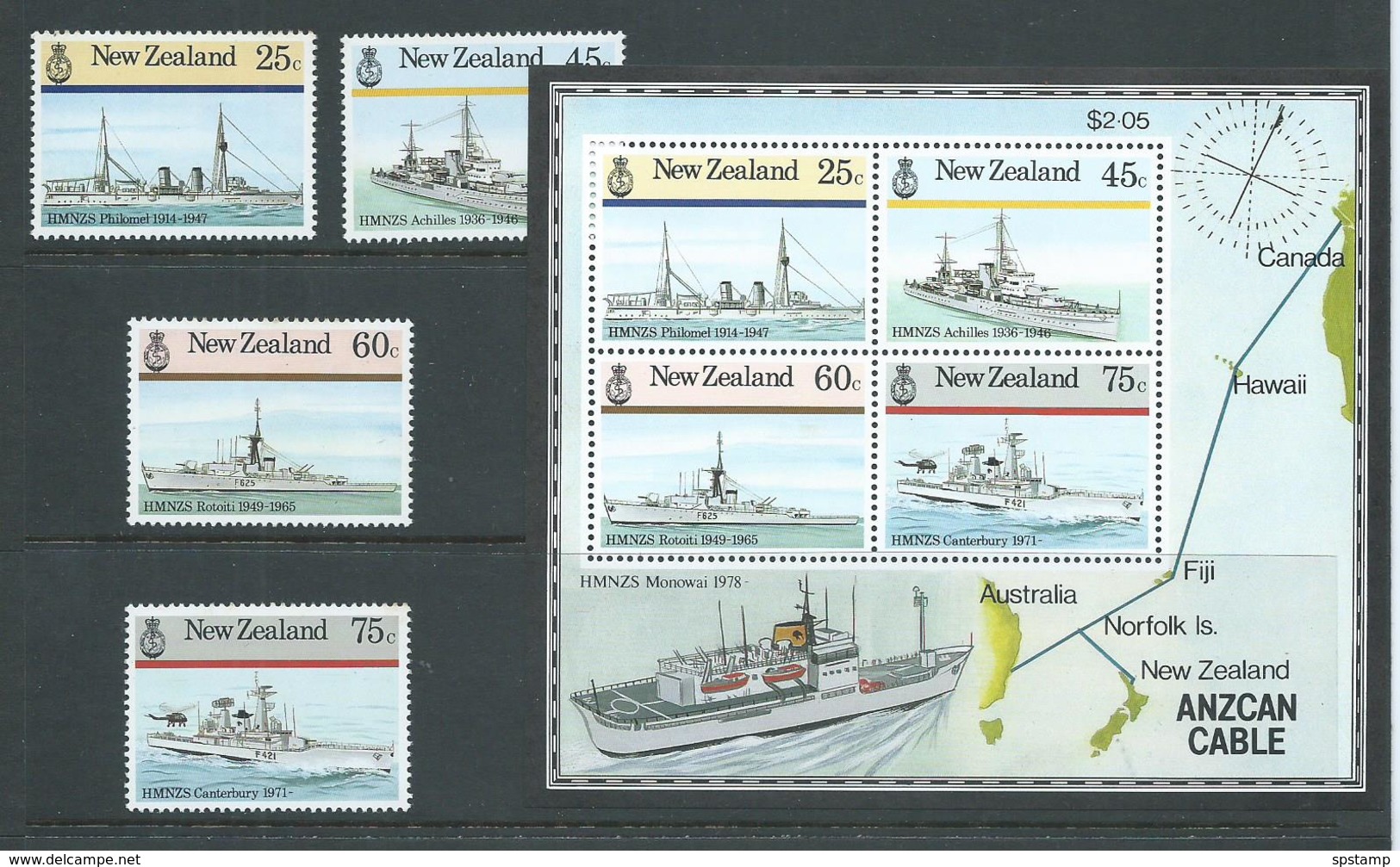 New Zealand 1985 Naval Ships Set 4 & Anzcan Cable Miniature Sheet MNH - Unused Stamps