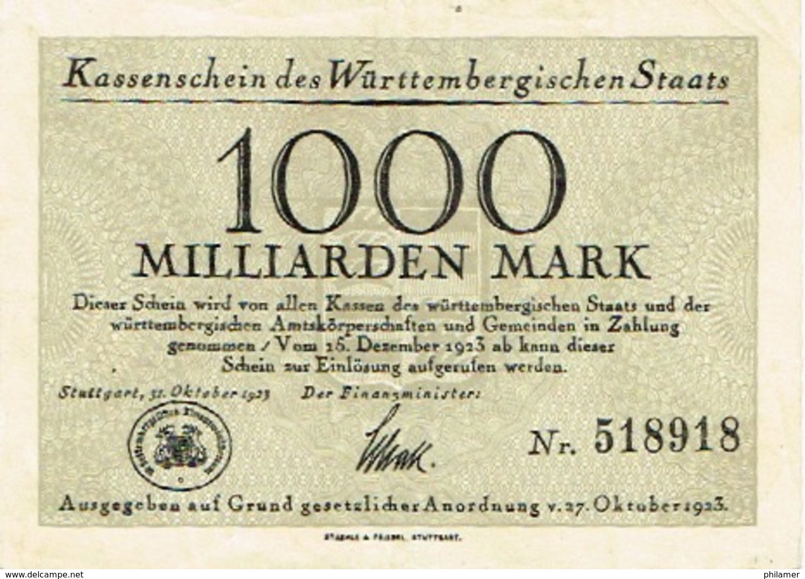 Allemagne Germany Reich Deutsch Banque Billet De Banque Banknote Monnaie Money 1000 Milliarden Mark Stuttgart 1923 BE - 1 Biljoen Mark