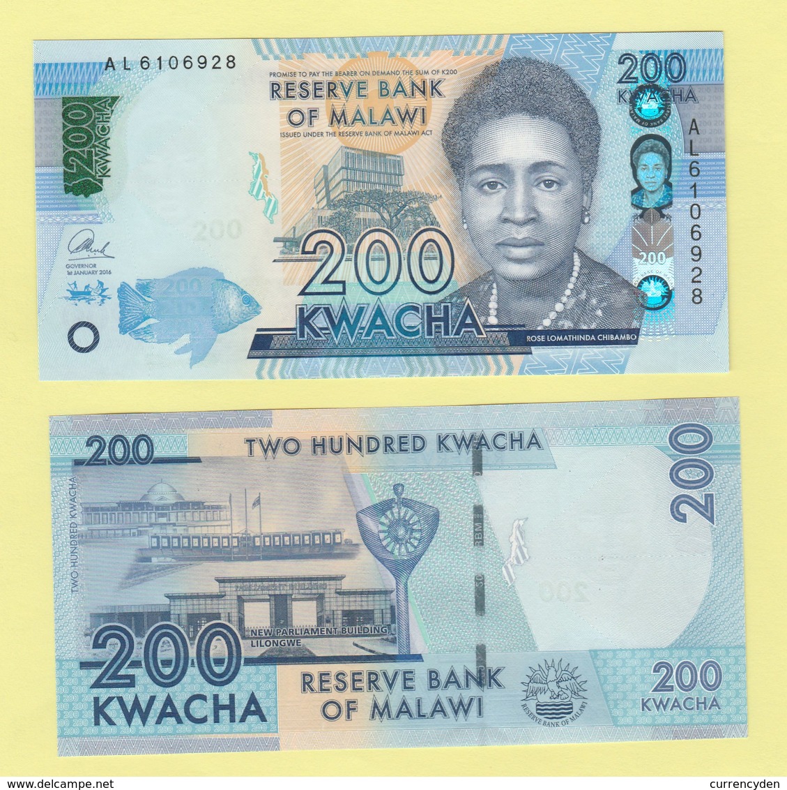 Malawi P-NEW, 200 Kwacha, Rose Lomathinda Chibambo, Fish HOLOGRAM UNC See UV &wm - Malawi