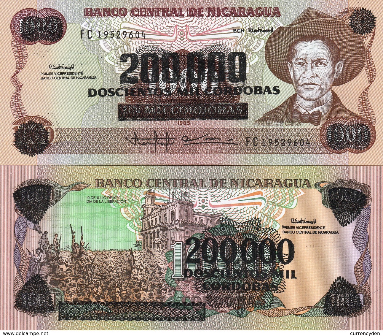 Nicaragua P162, 200,000 Cordobas, General Sandino / Liberation Day, Revalued UNC - Nicaragua