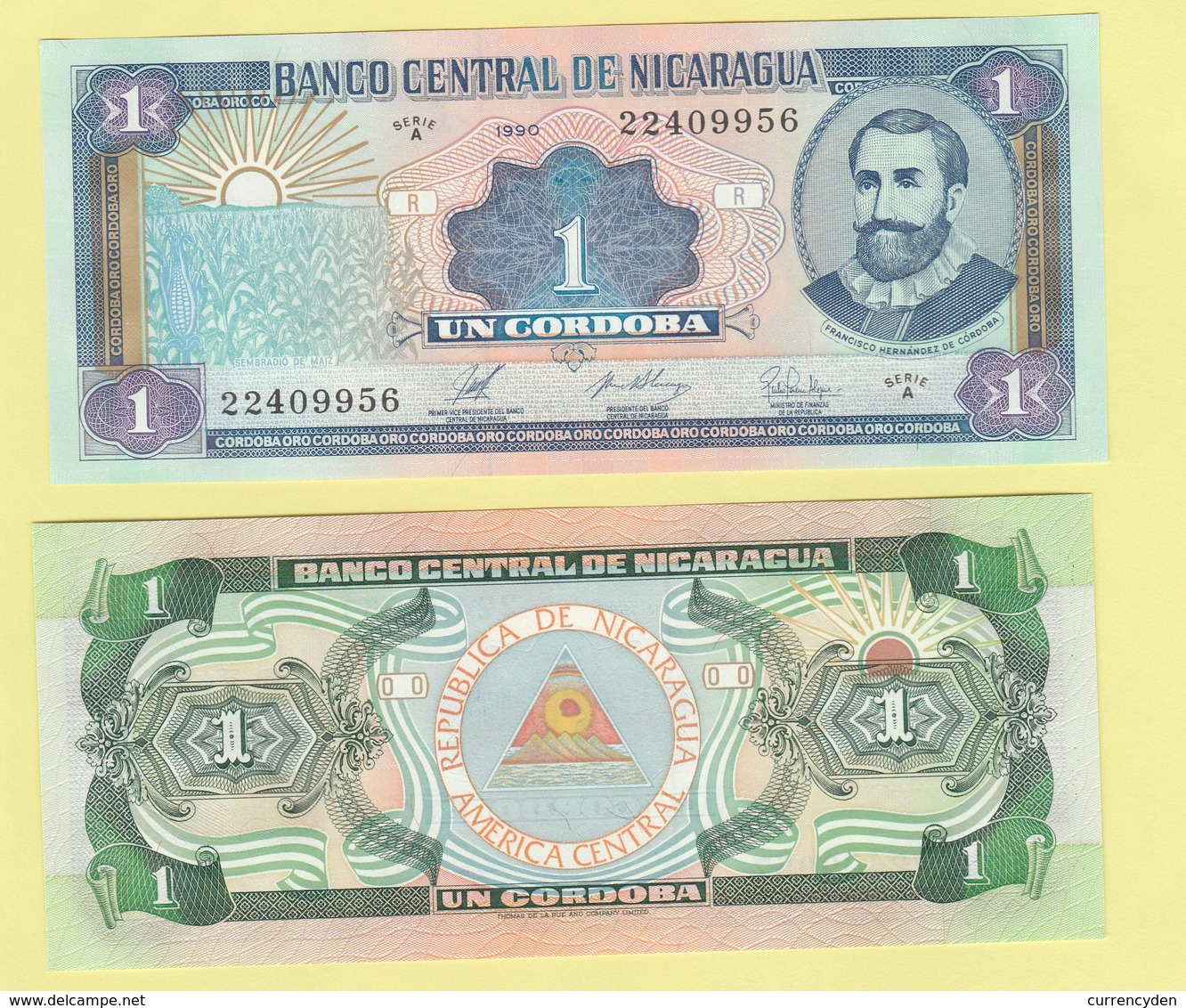 Nicaragua P173, 1 Cordoba, Francisco Cordoba, Corn Field / Arms UNC See UV & W/m - Nicaragua