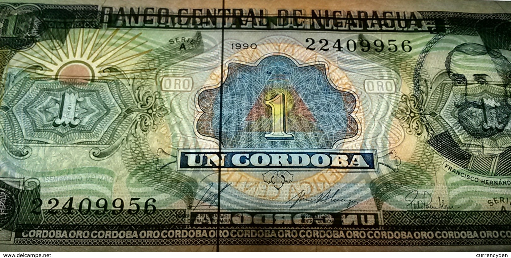 Nicaragua P173, 1 Cordoba, Francisco Cordoba, Corn Field / Arms UNC See UV & W/m - Nicaragua