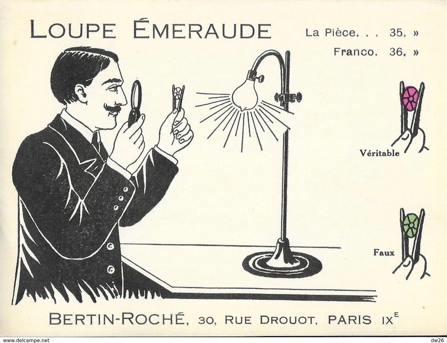 Publicité Bijouterie Bertin-Roché, 30 Rue Drouot Paris - Loupe Emeraude - Publicités