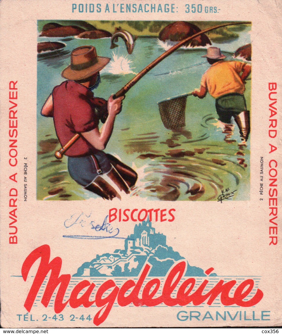 Ancien BUVARD Illustré Biscottes MAGDELEINE à GRANVILLE . Pèche Au Saumon - Biscottes