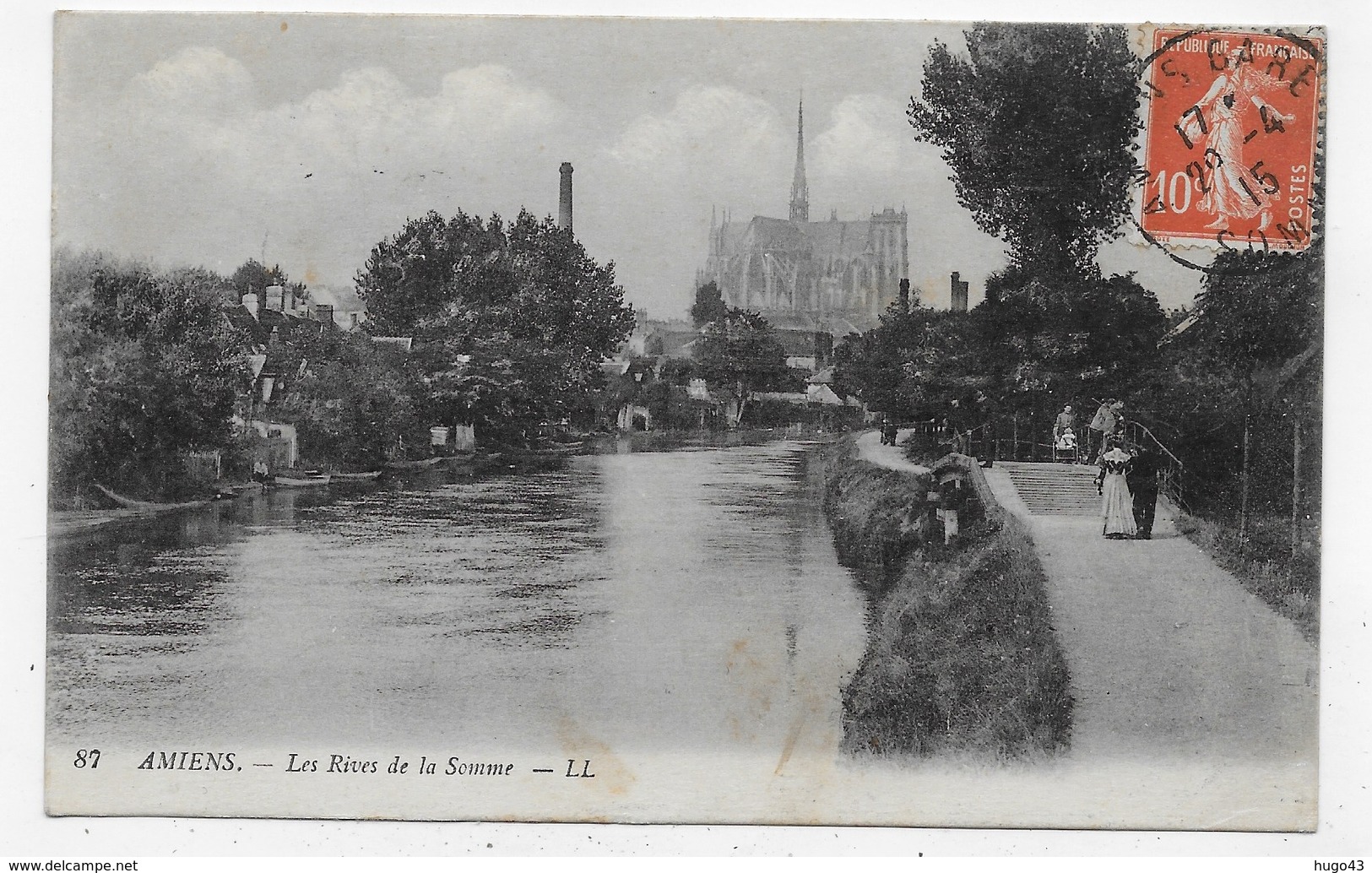 (RECTO / VERSO) AMIENS EN 1915 - N° 87 - LES RIVES DE LA SOMME AVEC PERSONNAGES - BEAU CACHET - CPA VOYAGEE - Amiens