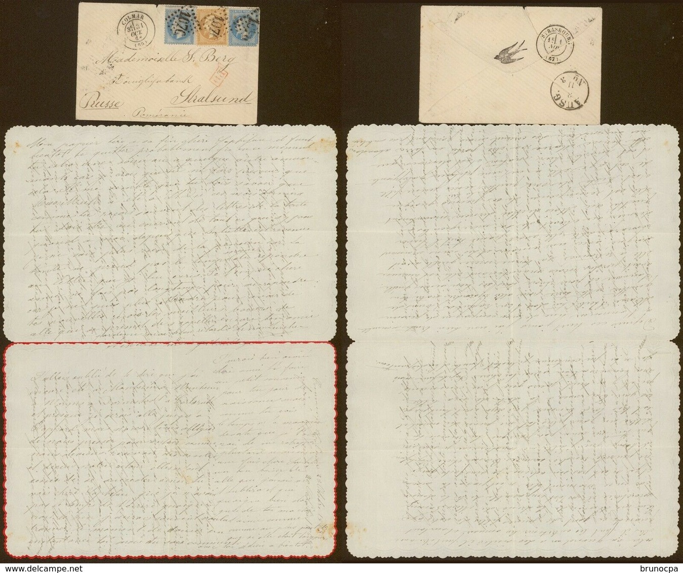 Lettre "valentine" De Colmar Pour La Poméranie ( Allemagne) 1868, Tarif 50 Cts, 3 Timbres - 1849-1876: Période Classique