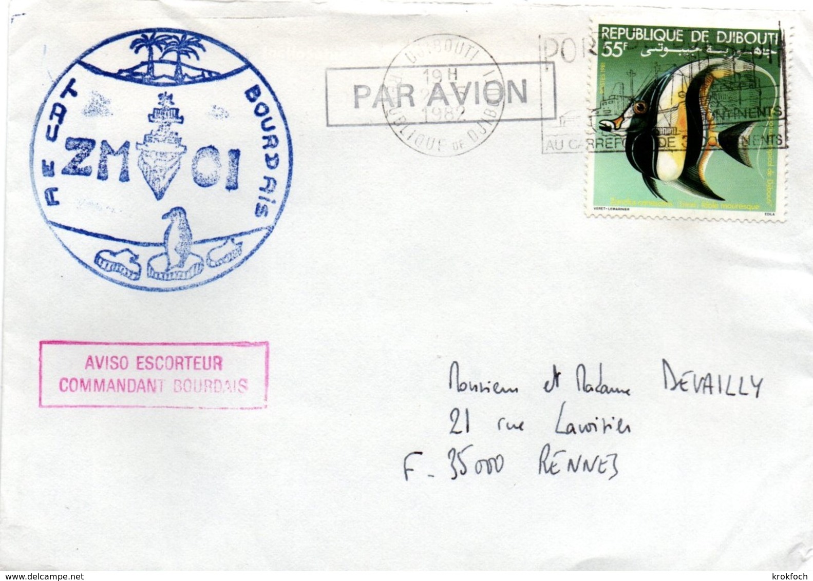 Aviso Escorteur Commandant Bourdais 1982 - ZMOI Océan Indien Sur Lettre De Djibouti - Poste Navale
