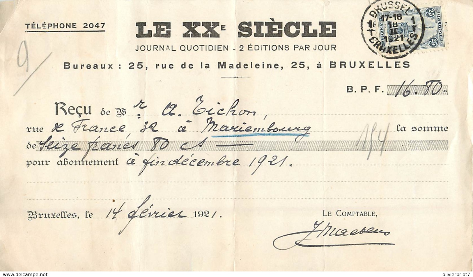 Reçu Pour Abonnement Le XXe Siècle Affranchi Par Le N° 164 - Perron Liégeois - Covers & Documents