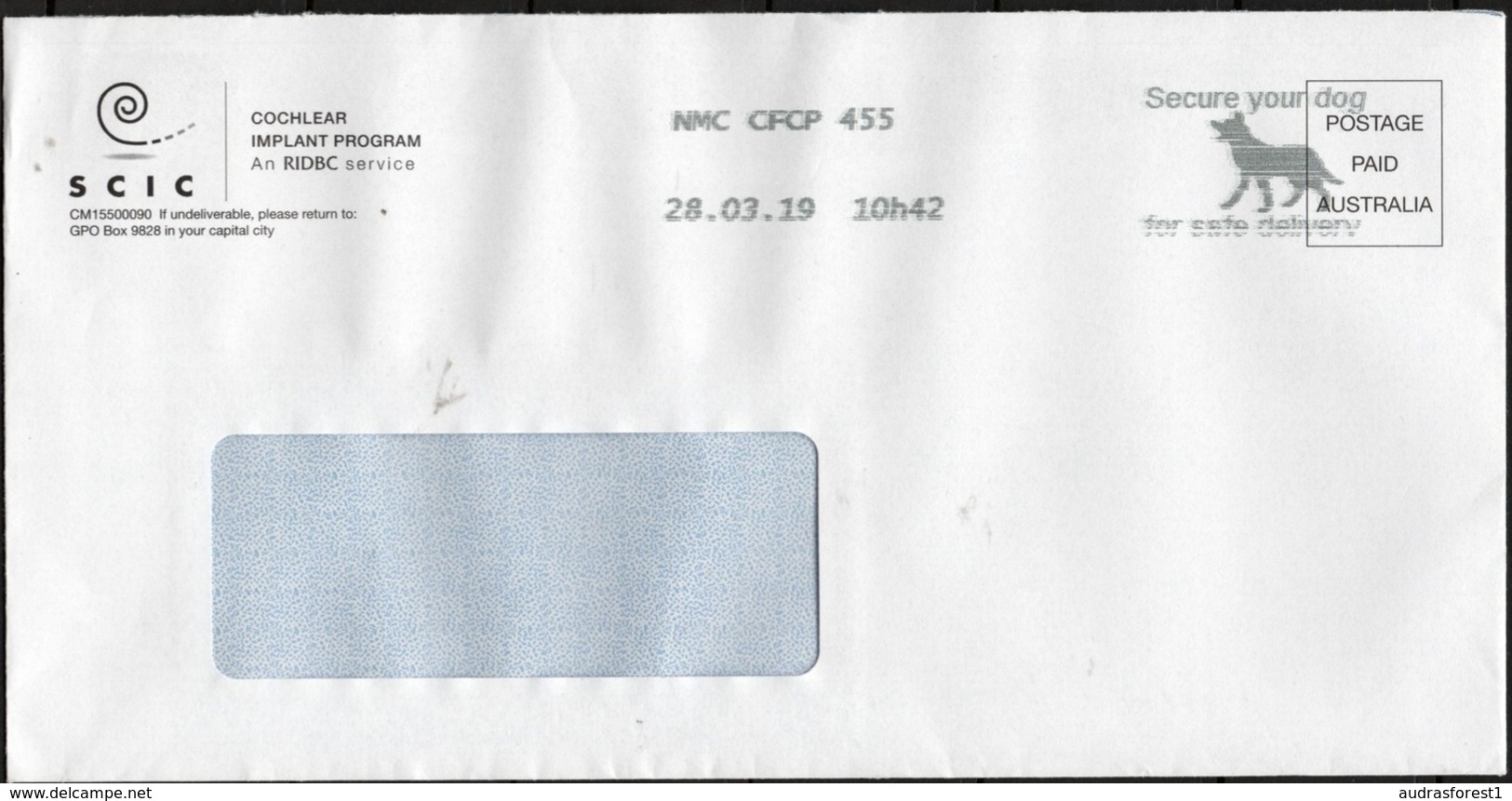 Secure Your Dog For Safe Delivery No. 2 Postmark Dated 28.03.19 10h42 AUSTRALIA POST SLOGAN CANCELLATION COCHLEAR Cover - Honden