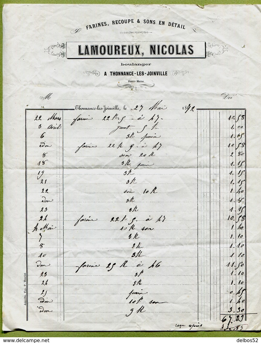 THONNANCE-LES-JOINVILLE  (52) : " FARINES - LAMOUREUX NICOLAS " 1872 - 1800 – 1899