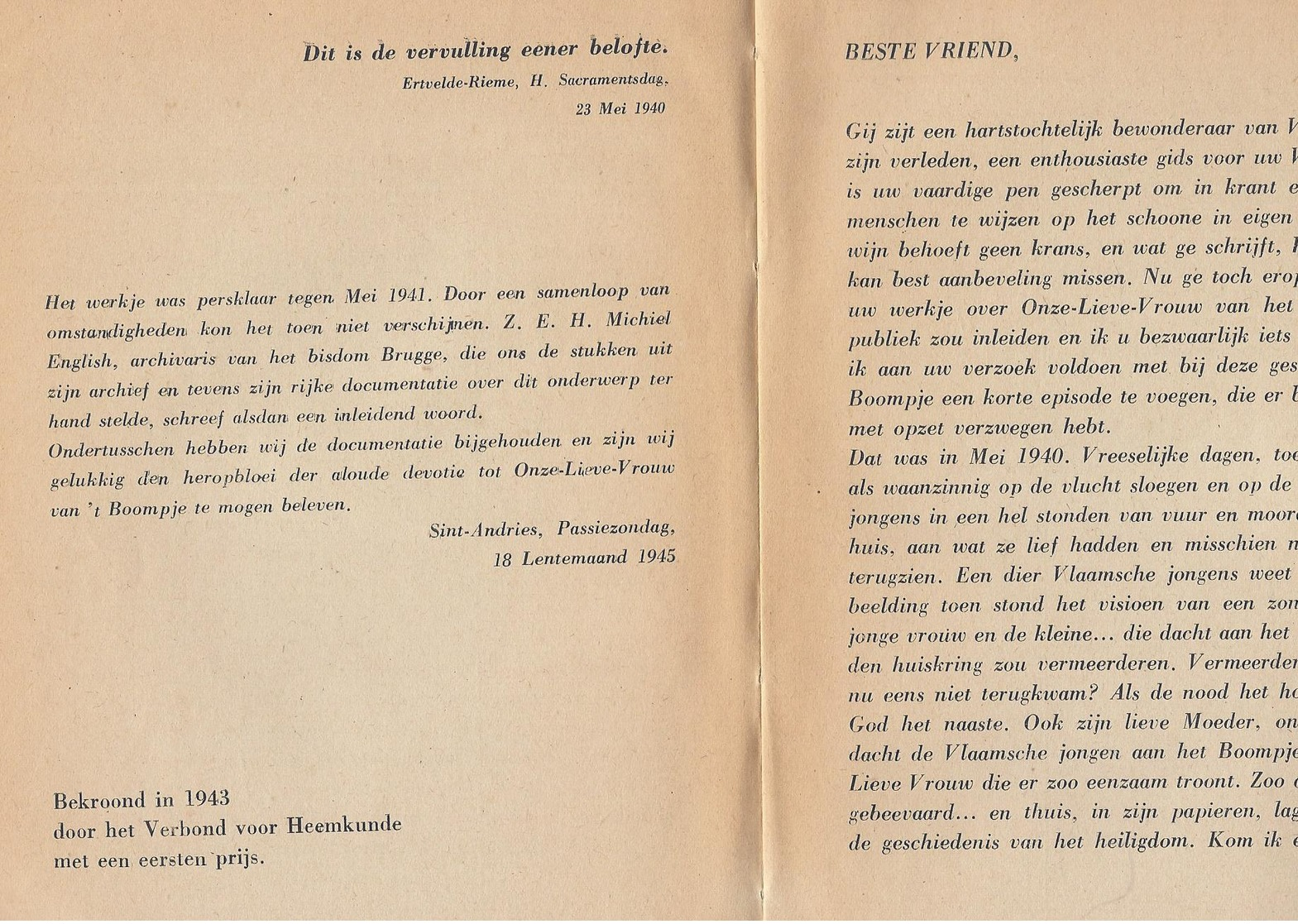 1945 ONZE LIEVE VROUW VAN HET BOOMPJE TE SINT-ANDRIES BRUGGE M. VAN COPPENOLLE VOORWOORD M. ENGLISH ERTVELDE RIEME - Anciens