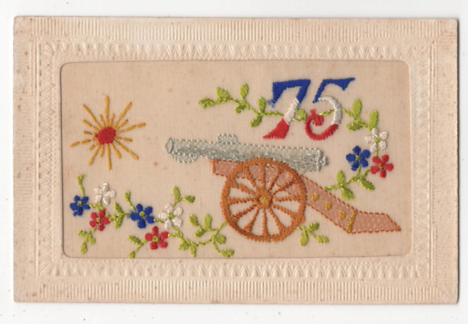 WW1 Vintage Embroidered Silk Postcard 75 Artillery Gun - Oorlog 1914-18