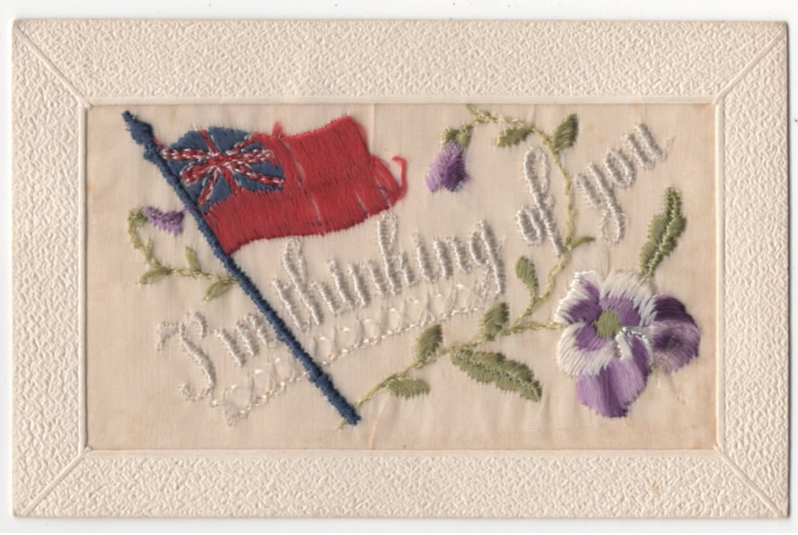 WW1 Vintage Embroidered Silk Postcard I'm Thinking Of You Patriotic Union Jack Flag - Patriotiques