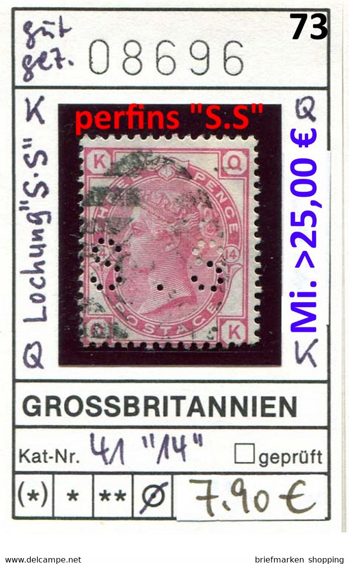 Grossbritannien - Great Britain - Grand Bretagne - Michel 41 Platte 14 Mit Perfins "S.S" - O Oblit. Used Gebruikt - Oblitérés