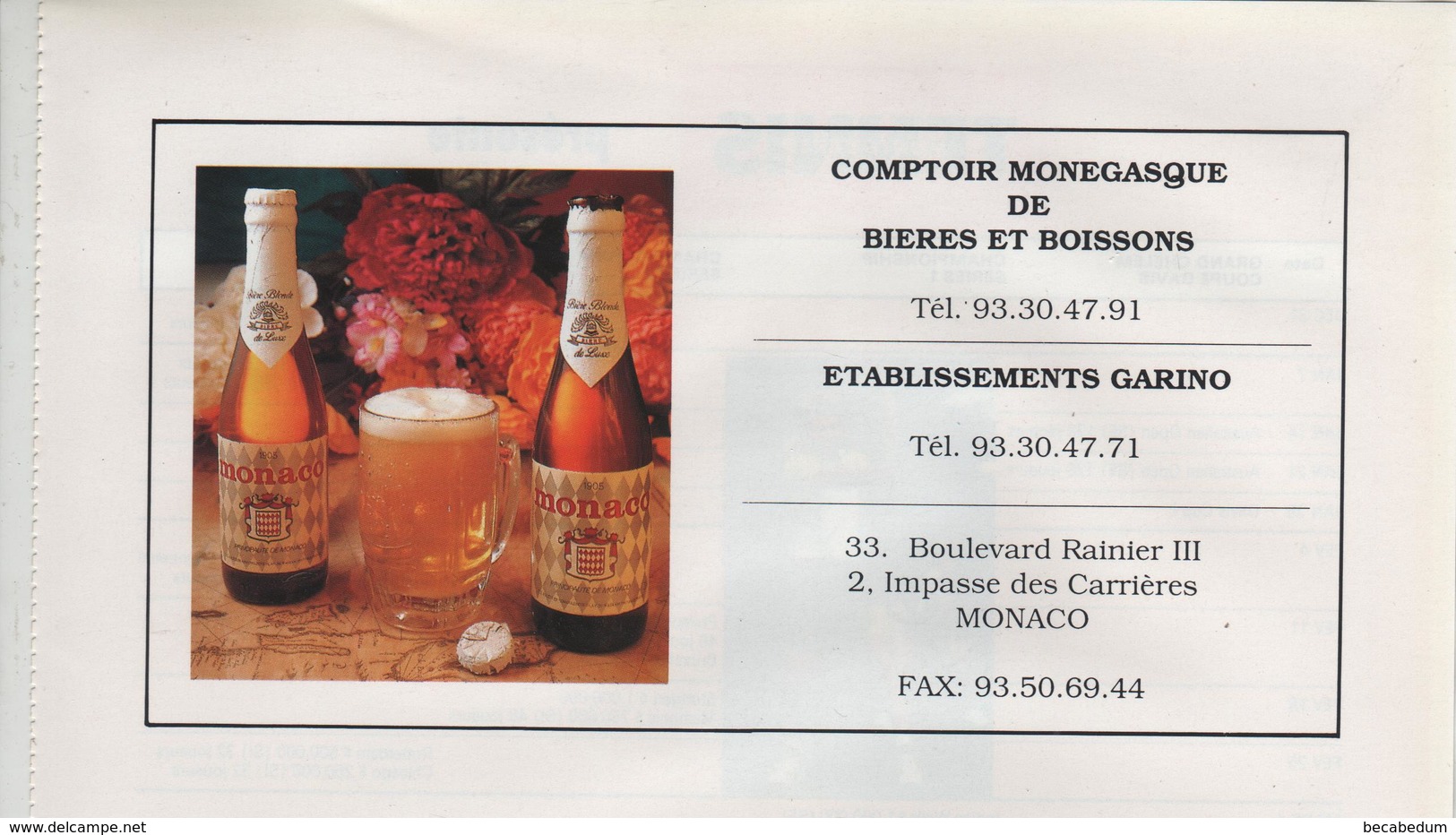 Publicité Monaco Comptoir Monégasque De Bières Et Boissons Garino - Publicités